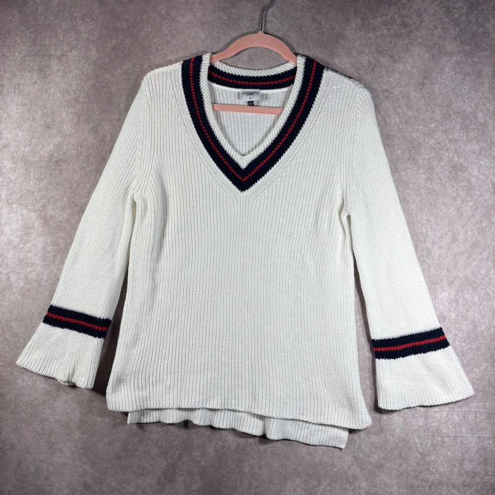 Cabi Sweater Women Medium White‎ Varsity V-Neck Preppy Ribbed Cotton Blend 5639